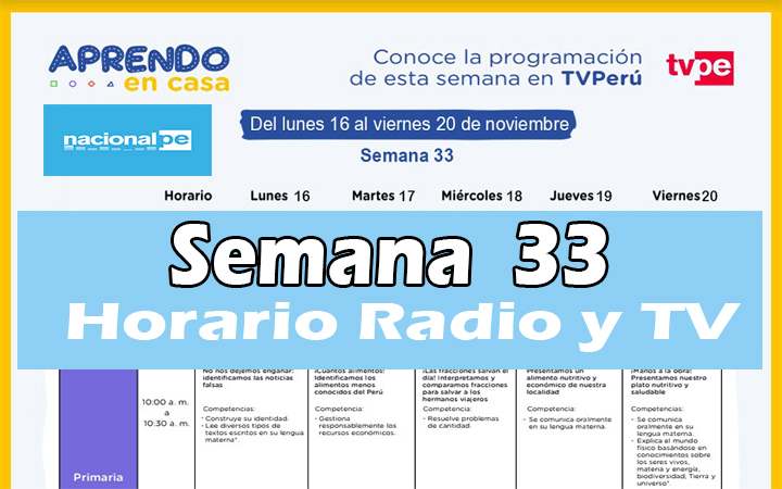 Semana 33 Programación de Radio y TV Aprendo en Casa del 16 al 20 de noviembre